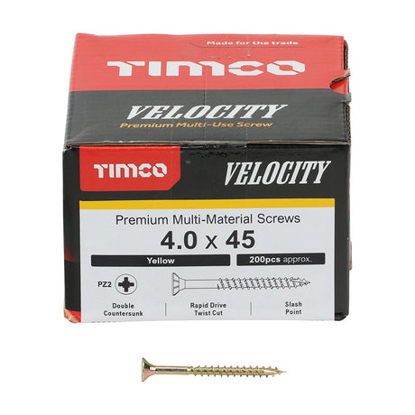 This is an image of Timco - Velocity Premium Multi-Use Screws - PZ - Double Countersunk - Yellow 4.0 x 45mm - (200 PCS Box) 40045VY