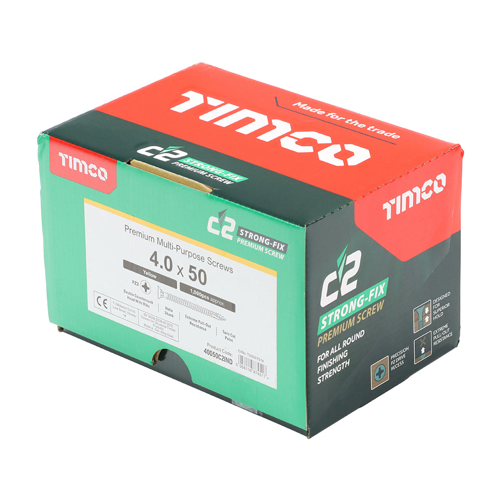 This is an image of Timco - C2 Strong-Fix Screws - PZ - Double Countersunk - Twin-Cut - Yellow 4.0 x 50mm - (1000 PCS Box) 40050C2IND