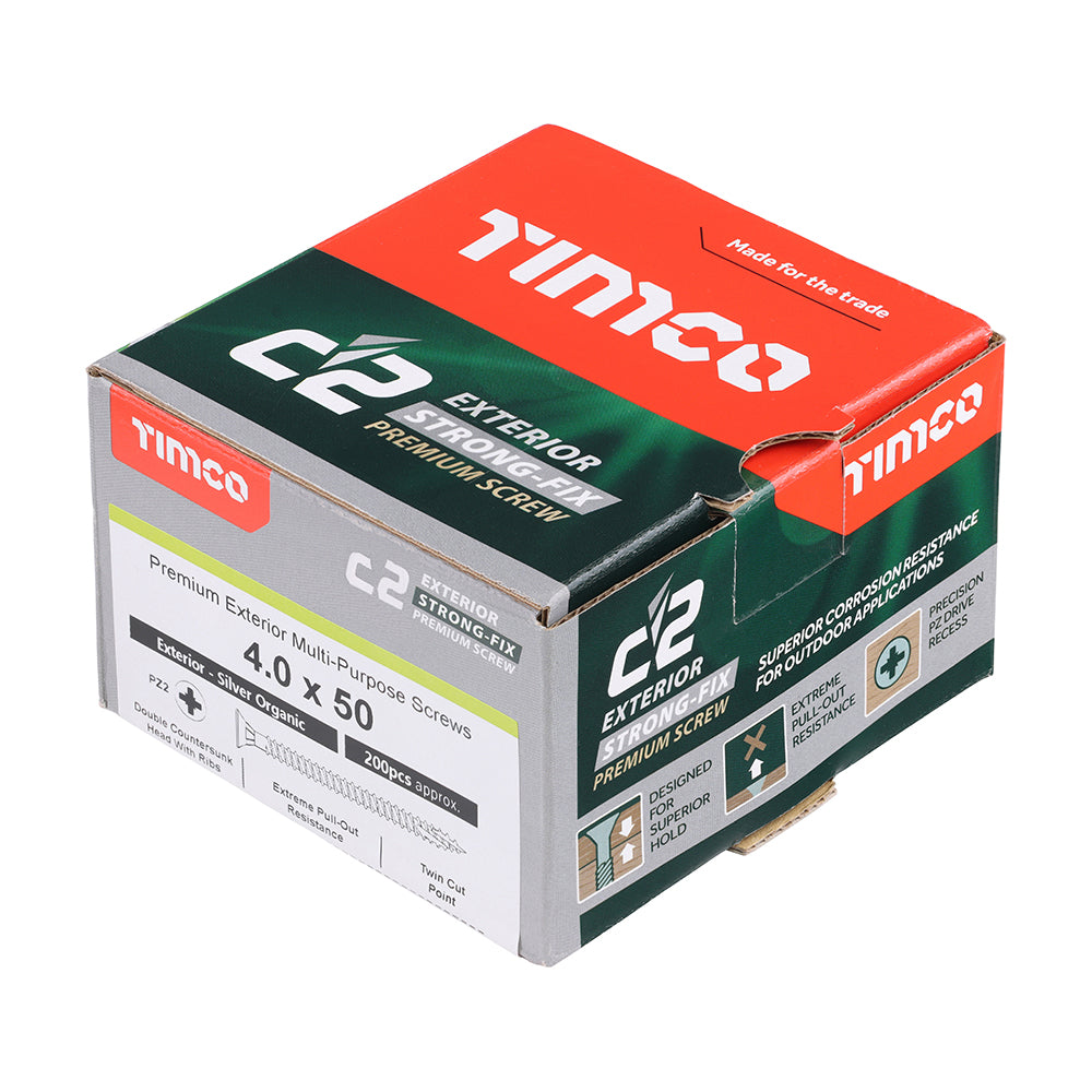 This is an image of Timco - C2 Exterior Strong-Fix Screws - PZ - Double Countersunk with Ribs - Twin-Cut - Silver 4.0 x 50mm - (200 PCS Box) 40050C2SBX