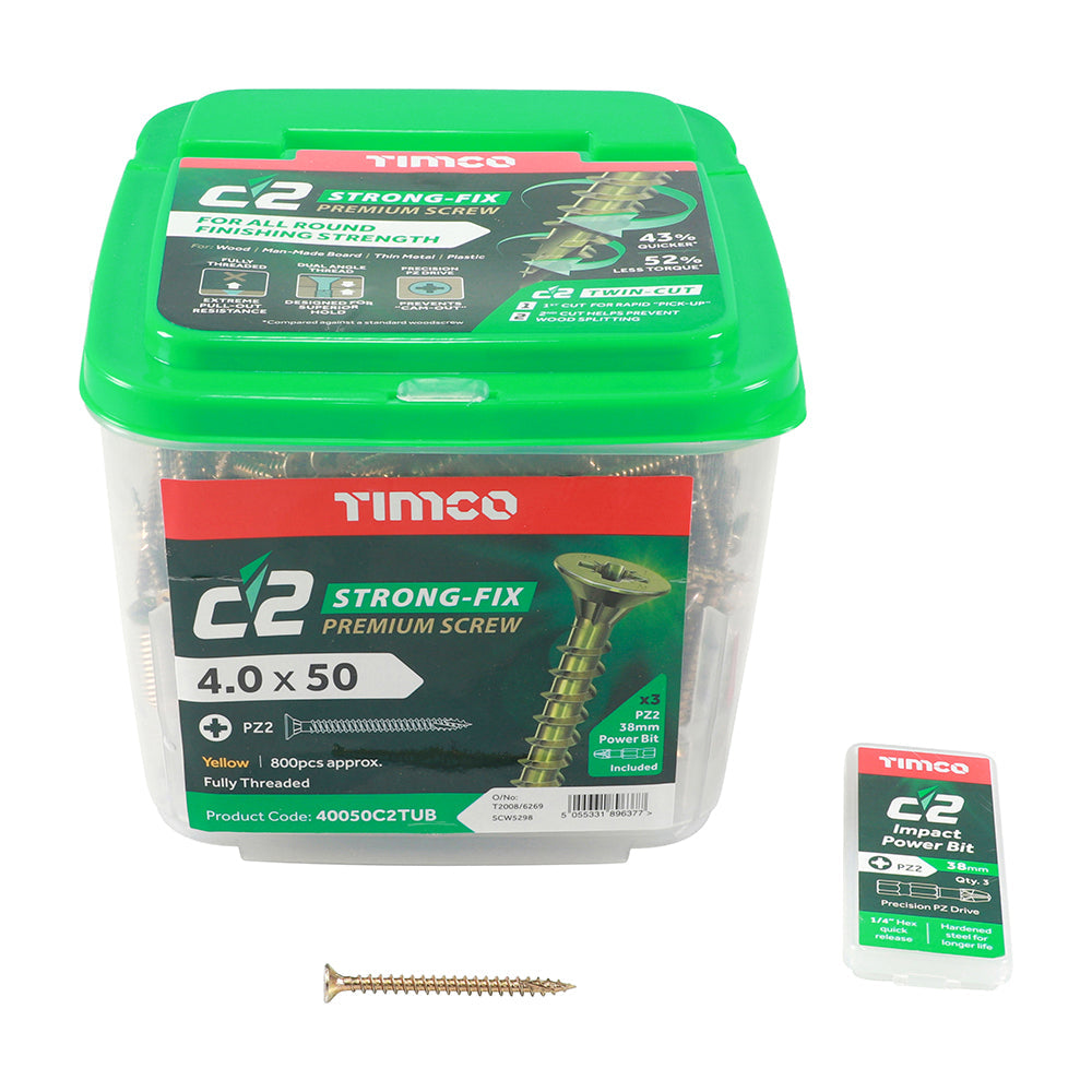 This is an image of Timco - C2 Strong-Fix Screws - PZ - Double Countersunk - Twin-Cut - Yellow 4.0 x 50mm - (800 PCS Tub) 40050C2TUB
