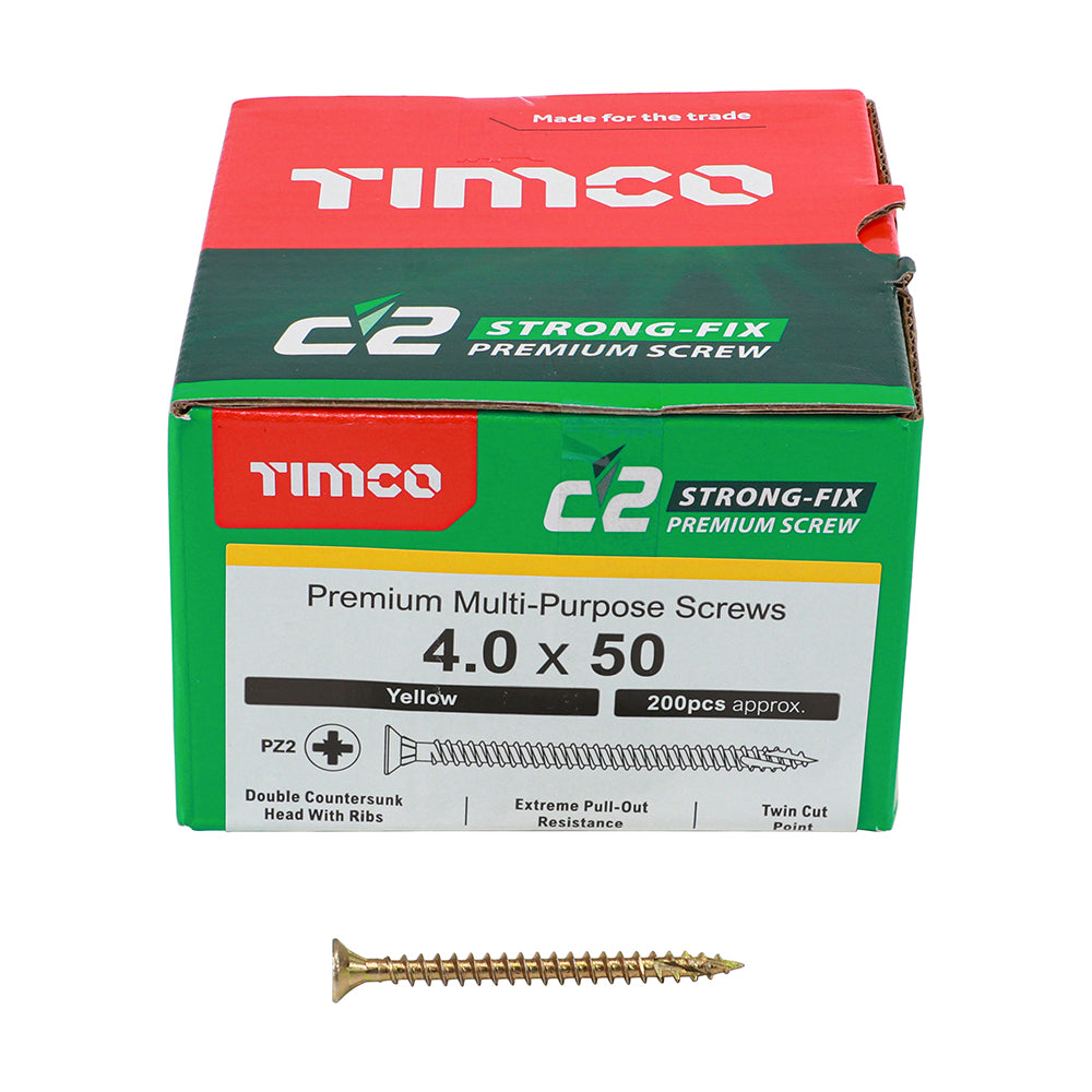 This is an image of Timco - C2 Strong-Fix Screws - PZ - Double Countersunk - Twin-Cut - Yellow 4.0 x 50mm - (200 PCS Box) 40050C2