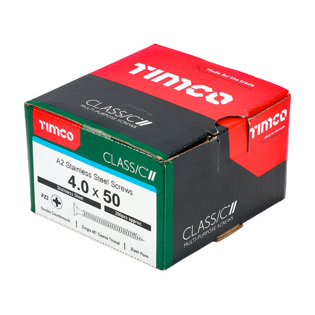 This is an image of Timco - Classic Multi-Purpose Screws - PZ - Double Countersunk - A2 Stainless Steel 4.0 x 50mm - (200 PCS Box) 40050CLASS