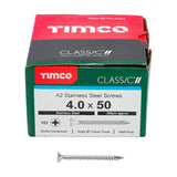 This is an image of Timco - Classic Multi-Purpose Screws - PZ - Double Countersunk - A2 Stainless Steel 4.0 x 50mm - (200 PCS Box) 40050CLASS