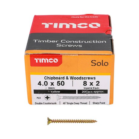 This is an image of Timco - Solo Chipboard & Woodscrews - PZ - Double Countersunk - Yellow 4.0 x 50mm - (200 PCS Box) 40050SOLOC
