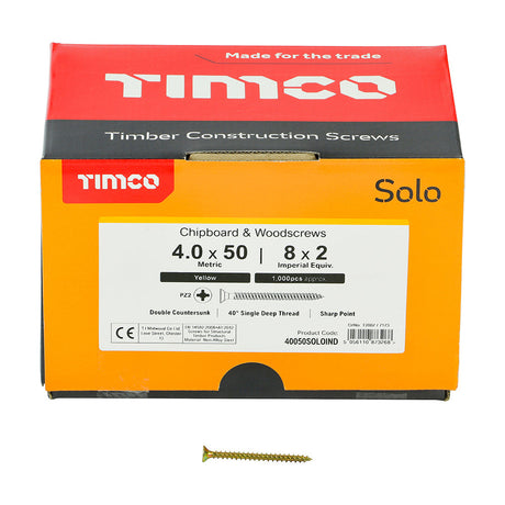 This is an image of Timco - Solo Chipboard & Woodscrews - Industry Pack - PZ - Double Countersunk - Yellow 4.0 x 50mm - (1000 PCS Box) 40050SOLOIND