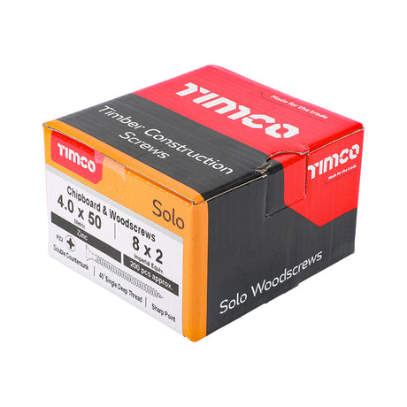 This is an image of Timco - Solo Chipboard & Woodscrews - PZ - Double Countersunk - Zinc 4.0 x 50mm - (200 PCS Box) 40050SOLOZ