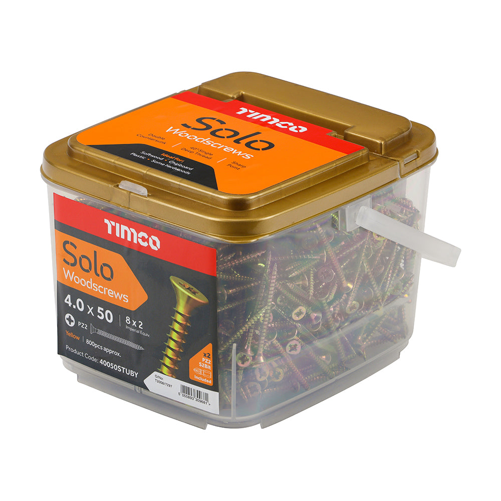 This is an image of Timco - Solo Woodscrews - PZ - Double Countersunk - Yellow 4.0 x 50mm - (800 PCS Tub) 40050STUBY