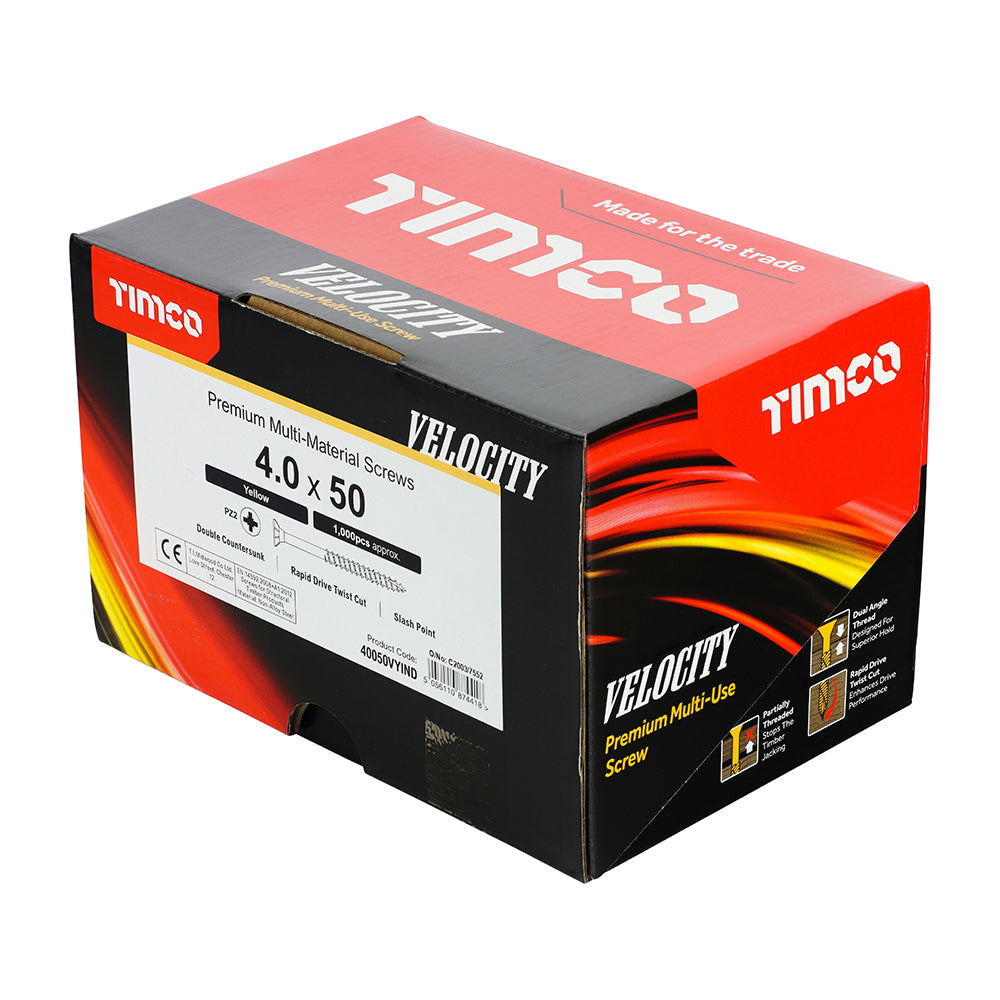 This is an image of Timco - Velocity Premium Multi-Use Screws - PZ - Double Countersunk - Yellow 4.0 x 50mm - (1000 PCS Box) 40050VYIND
