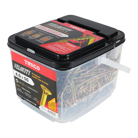 This is an image of Timco - Velocity Premium Multi-Use Screws - PZ - Double Countersunk - Yellow 4.0 x 50mm - (800 PCS Tub) 40050VYTUB