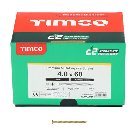 This is an image of Timco - C2 Strong-Fix Screws - PZ - Double Countersunk - Twin-Cut - Yellow 4.0 x 60mm - (1000 PCS Box) 40060C2IND