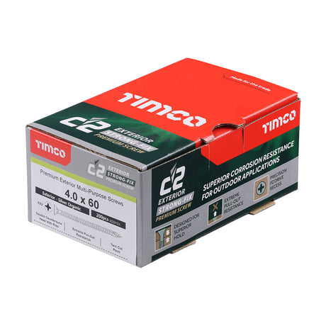 This is an image of Timco - C2 Exterior Strong-Fix Screws - PZ - Double Countersunk with Ribs - Twin-Cut - Silver 4.0 x 60mm - (200 PCS Box) 40060C2SBX