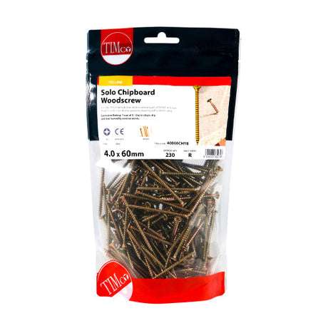 This is an image of Timco - Solo Woodscrews - PZ - Double Countersunk - Yellow 4.0 x 60mm - (230 PCS TIMbag) 40060CHYB