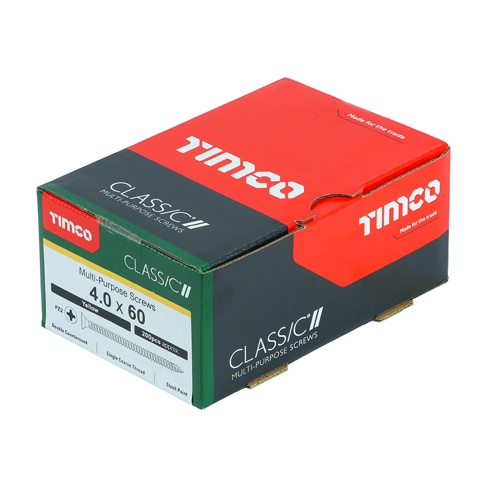 This is an image of Timco - Classic Multi-Purpose Screws - PZ - Double Countersunk - Yellow 4.0 x 60mm - (200 PCS Box) 40060CLAF
