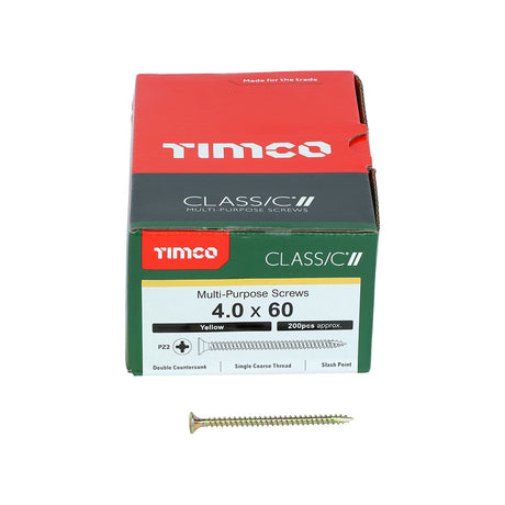 This is an image of Timco - Classic Multi-Purpose Screws - PZ - Double Countersunk - Yellow 4.0 x 60mm - (200 PCS Box) 40060CLAF