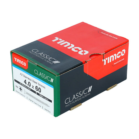 This is an image of Timco - Classic Multi-Purpose Screws - PZ - Double Countersunk - A2 Stainless Steel 4.0 x 60mm - (200 PCS Box) 40060CLASS