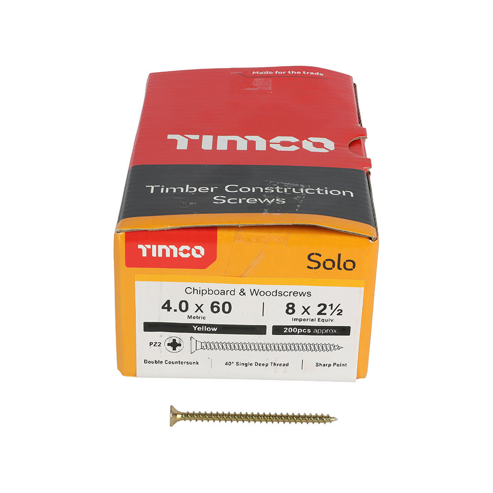 This is an image of Timco - Solo Chipboard & Woodscrews - PZ - Double Countersunk - Yellow 4.0 x 60mm - (200 PCS Box) 40060SOLOC