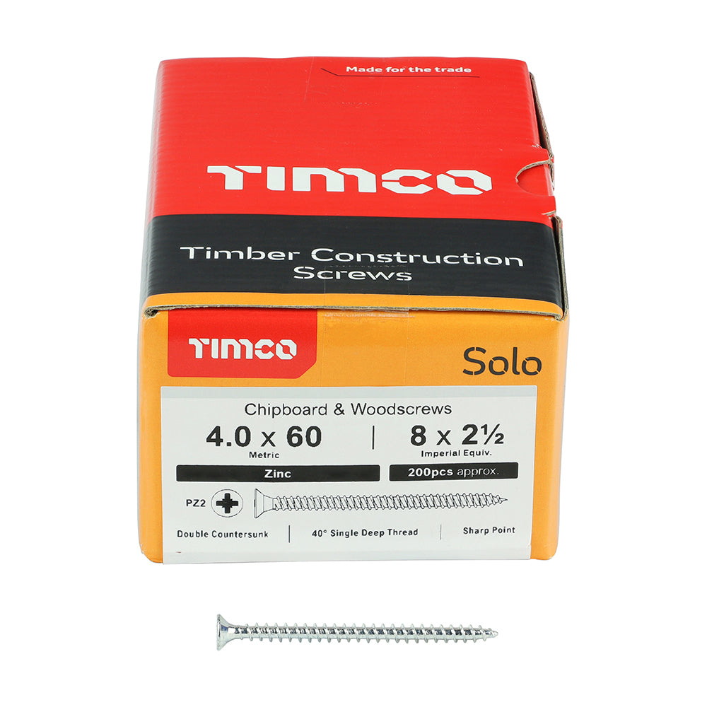 This is an image of Timco - Solo Chipboard & Woodscrews - PZ - Double Countersunk - Zinc 4.0 x 60mm - (200 PCS Box) 40060SOLOZ