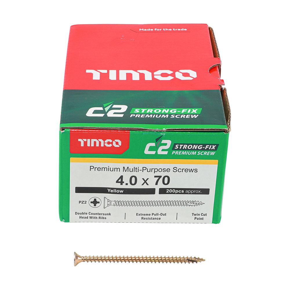 This is an image of Timco - C2 Strong-Fix Screws - PZ - Double Countersunk - Twin-Cut - Yellow 4.0 x 70mm - (200 PCS Box) 40070C2
