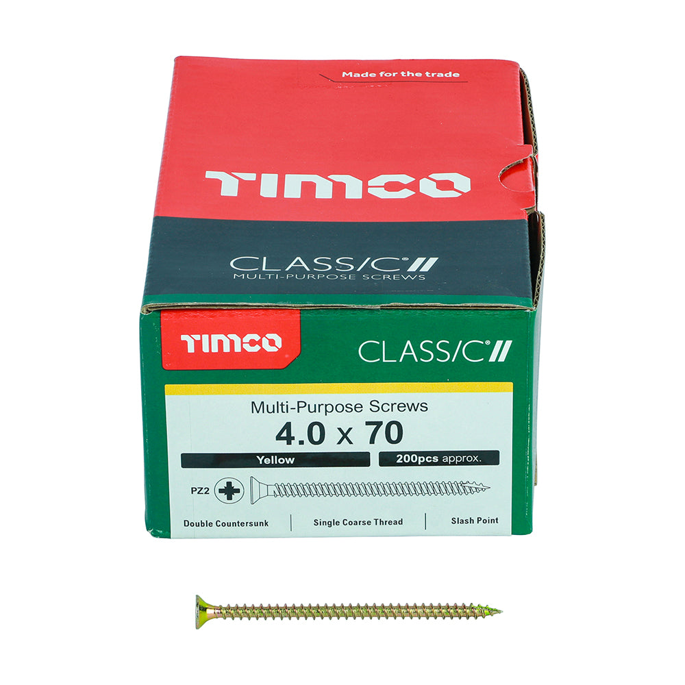 This is an image of Timco - Classic Multi-Purpose Screws - PZ - Double Countersunk - Yellow 4.0 x 70mm - (200 PCS Box) 40070CLAF