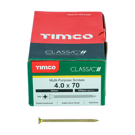 This is an image of Timco - Classic Multi-Purpose Screws - PZ - Double Countersunk - Yellow 4.0 x 70mm - (200 PCS Box) 40070CLAF