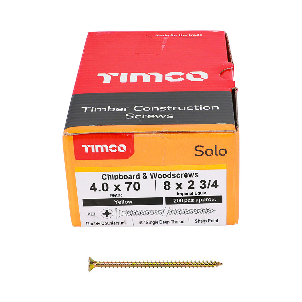 This is an image of Timco - Solo Chipboard & Woodscrews - PZ - Double Countersunk - Yellow 4.0 x 70mm - (200 PCS Box) 40070SOLOC