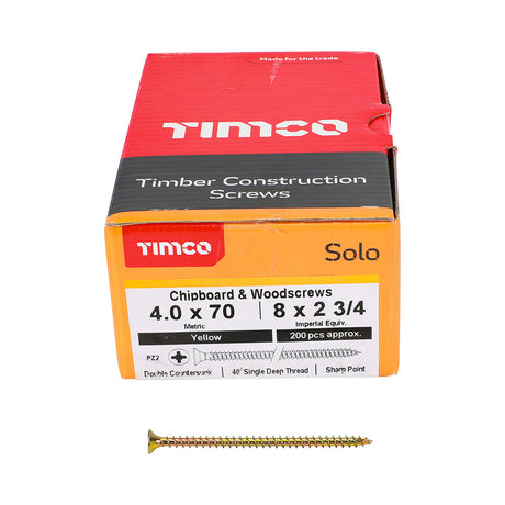 This is an image of Timco - Solo Chipboard & Woodscrews - PZ - Double Countersunk - Yellow 4.0 x 70mm - (200 PCS Box) 40070SOLOC