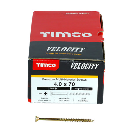 This is an image of Timco - Velocity Premium Multi-Use Screws - PZ - Double Countersunk - Yellow 4.0 x 70mm - (200 PCS Box) 40070VY