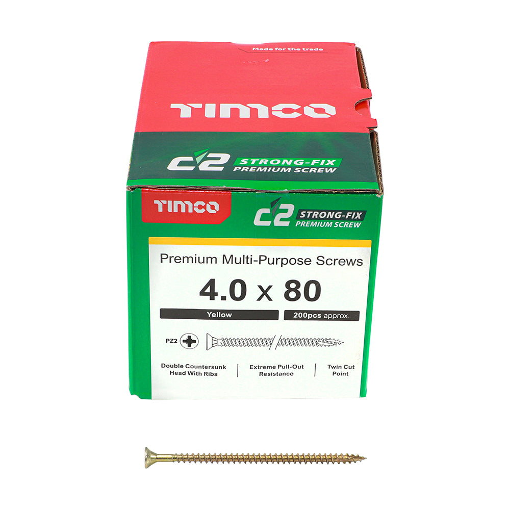 This is an image of Timco - C2 Strong-Fix Screws - PZ - Double Countersunk - Twin-Cut - Yellow 4.0 x 80mm - (200 PCS Box) 40080C2