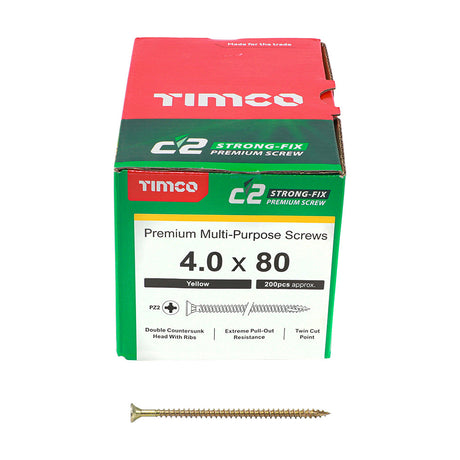 This is an image of Timco - C2 Strong-Fix Screws - PZ - Double Countersunk - Twin-Cut - Yellow 4.0 x 80mm - (200 PCS Box) 40080C2