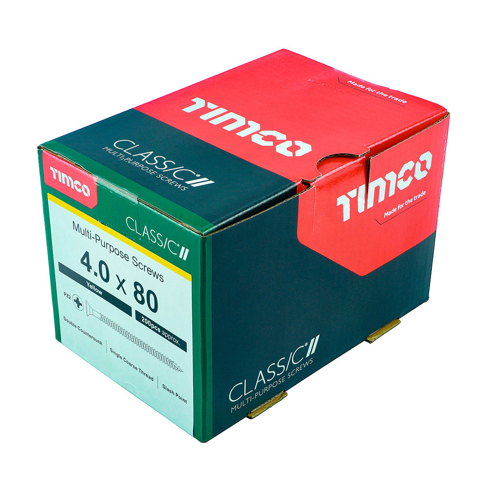 This is an image of Timco - Classic Multi-Purpose Screws - PZ - Double Countersunk - Yellow 4.0 x 80mm - (200 PCS Box) 40080CLAF