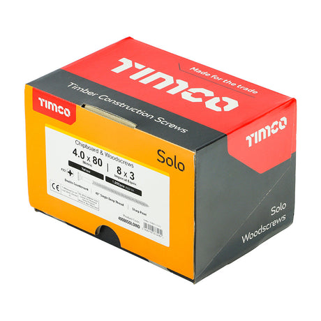 This is an image of Timco - Solo Chipboard & Woodscrews - Industry Pack - PZ - Double Countersunk - Yellow 4.0 x 80mm - (1000 PCS Box) 40080SOLOIND