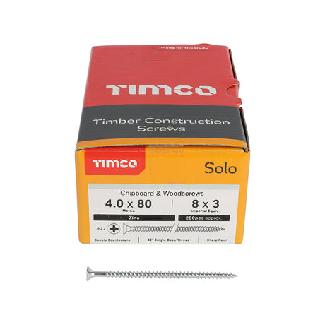This is an image of Timco - Solo Chipboard & Woodscrews - PZ - Double Countersunk - Zinc 4.0 x 80mm - (200 PCS Box) 40080SOLOZ