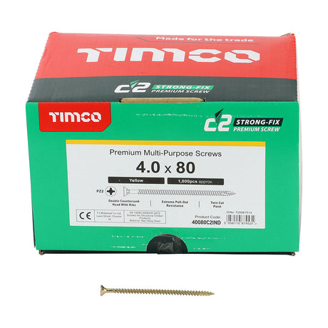 This is an image of Timco - C2 Strong-Fix Screws - PZ - Double Countersunk - Twin-Cut - Yellow 4.0 x 80mm - (1000 PCS Box) 40080C2IND