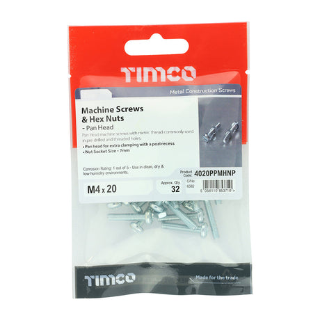 This is an image of Timco - Machine Screws - PZ - Pan & Hex Nuts - Zinc M4 x 20mm - (32 PCS TIMpac) 4020PPMHNP