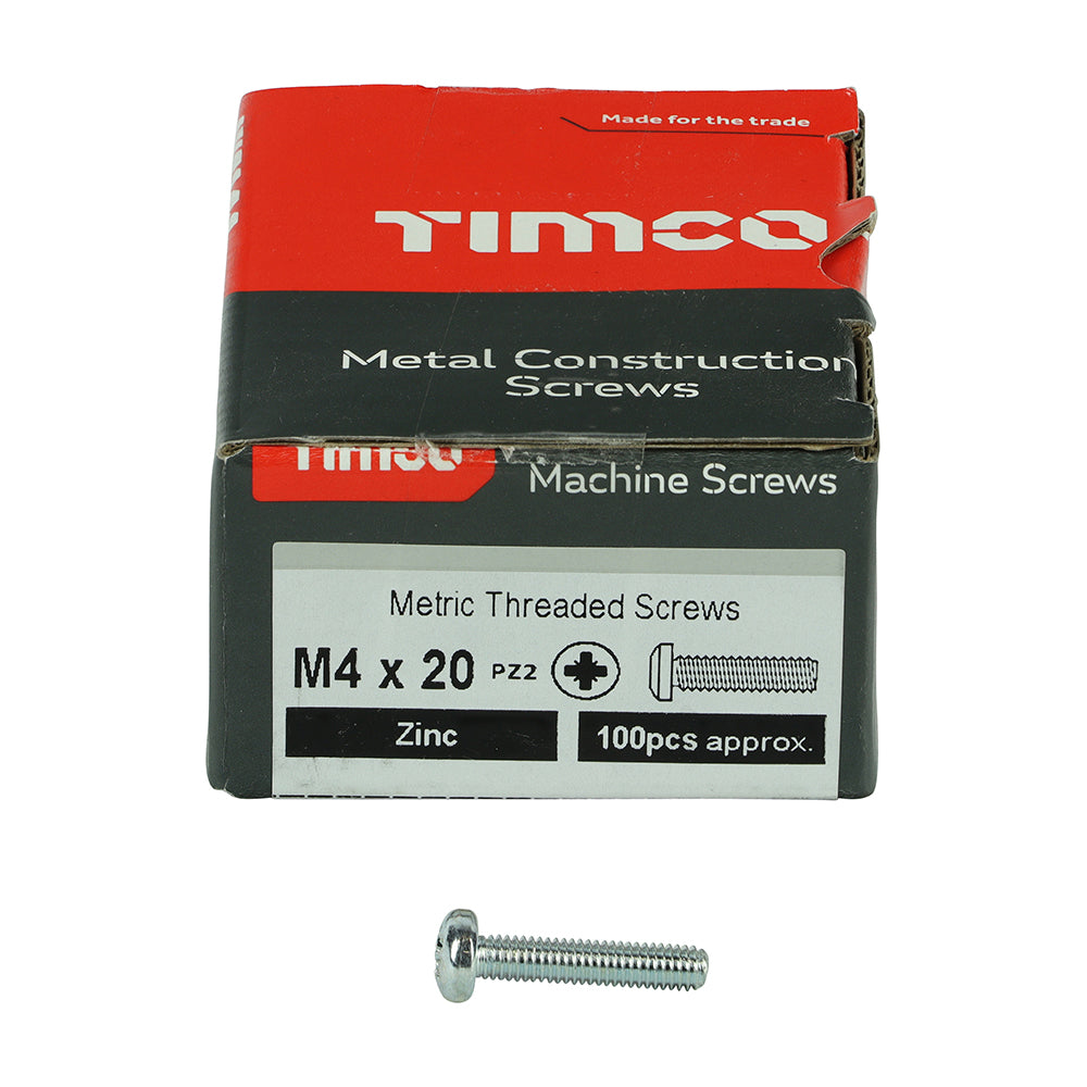 This is an image of Timco - Metric Threaded Machine Screws - PZ - Pan Head - Zinc M4 x 20mm - (100 PCS Box) 4020PPM