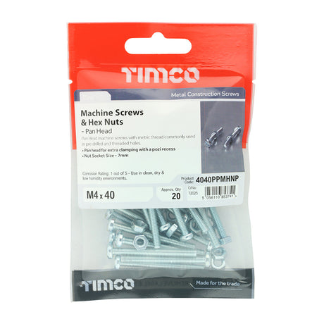 This is an image of Timco - Machine Screws - PZ - Pan & Hex Nuts - Zinc M4 x 40mm - (20 PCS TIMpac) 4040PPMHNP