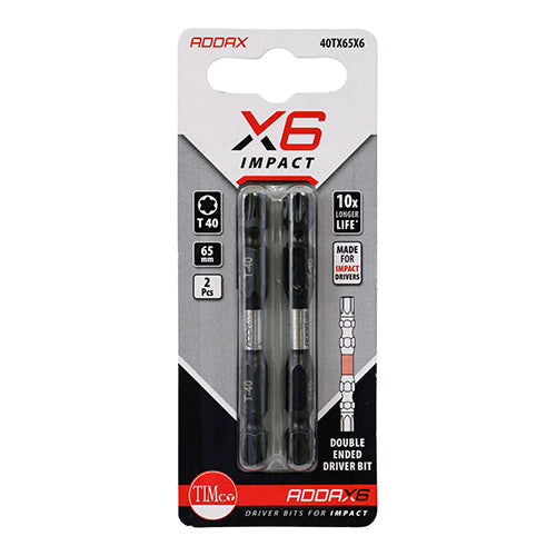 This is an image of Timco - Impact Driver Bits - TX - Double Ended TX40 x 65 (2 Pieces Blister Pack) 40TX65X6