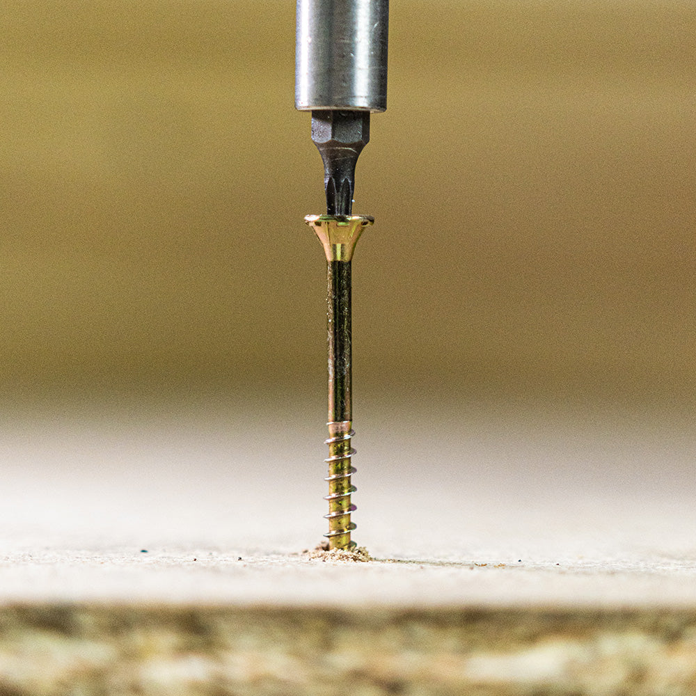 This is an image of Timco - C2 Floor-Fix Screws - TX - Double Countersunk with Ribs - Twin-Cut - Yellow 4.2 x 55mm - (250 PCS Tub) 42055C2MDF