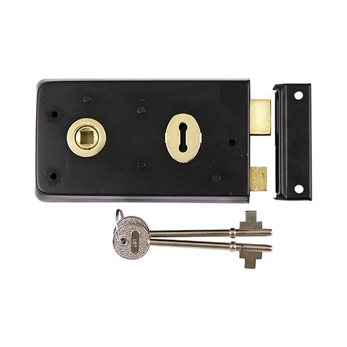 This is an image of Timco - Rim Sash Lock - Inward and Outward Keep - Black 143 x 83mm (1 Each TIMbag) 427695