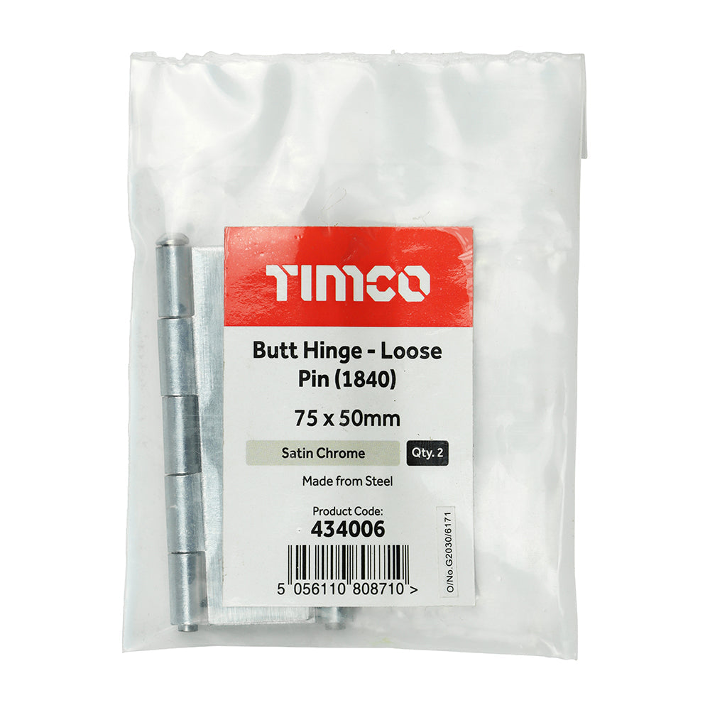 This is an image of Timco - Plain Butt Hinge - Loose Pin (1840) - Satin Chrome 75 x 50 (1 Pairs Plain Bag) 434006