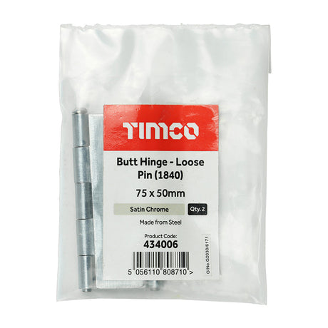 This is an image of Timco - Plain Butt Hinge - Loose Pin (1840) - Satin Chrome 75 x 50 (1 Pairs Plain Bag) 434006