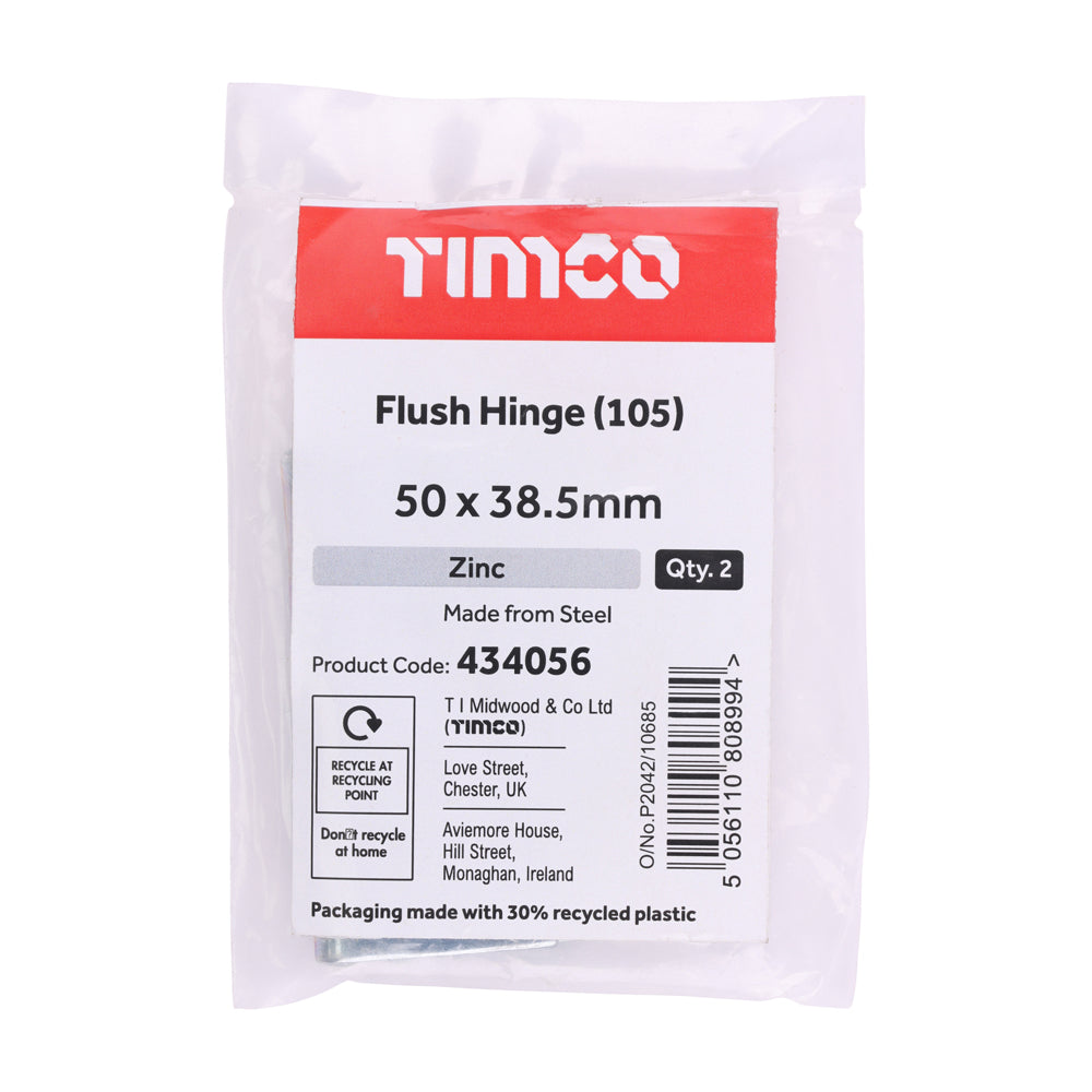 This is an image of Timco - Flush Hinge (105) - Zinc 50 x 38.5 (1 Pairs Plain Bag) 434056