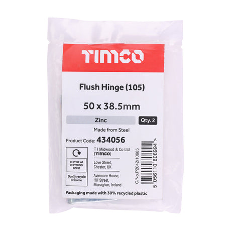 This is an image of Timco - Flush Hinge (105) - Zinc 50 x 38.5 (1 Pairs Plain Bag) 434056