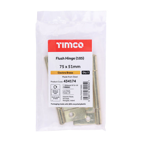 This is an image of Timco - Flush Hinge (105) - Electro Brass 75 x 51 (1 Pairs Plain Bag) 434174
