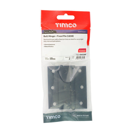 This is an image of Timco - Plain Butt Hinge - Fixed Pin (1838) - Black 75 x 50 (1 Pairs TIMpac) 434329P
