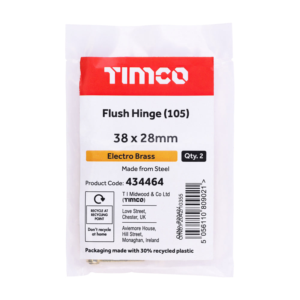 This is an image of Timco - Flush Hinge (105) - Electro Brass 38 x 28 (1 Pairs Plain Bag) 434464