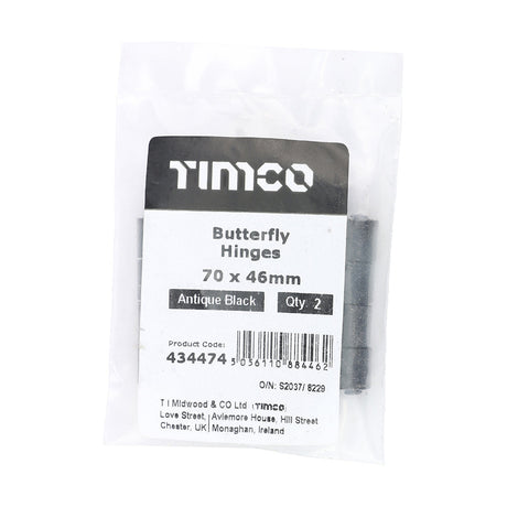 This is an image of Timco - Pair of Butterfly Hinges - Antique Black 70 x 46 (1 Pairs Bag) 434474
