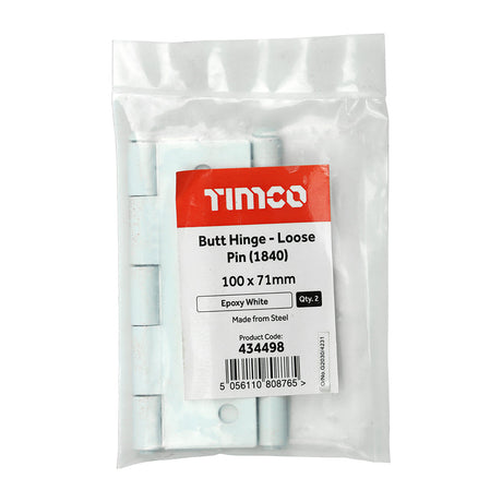 This is an image of Timco - Plain Butt Hinge - Loose Pin (1840) - White 100 x 71 (1 Pairs Plain Bag) 434498