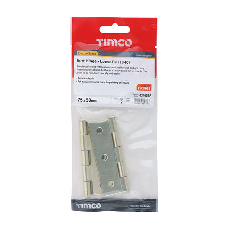 This is an image of Timco - Plain Butt Hinge - Loose Pin (1840) - Electro Brass 75 x 50 (1 Pairs TIMpac) 434659P