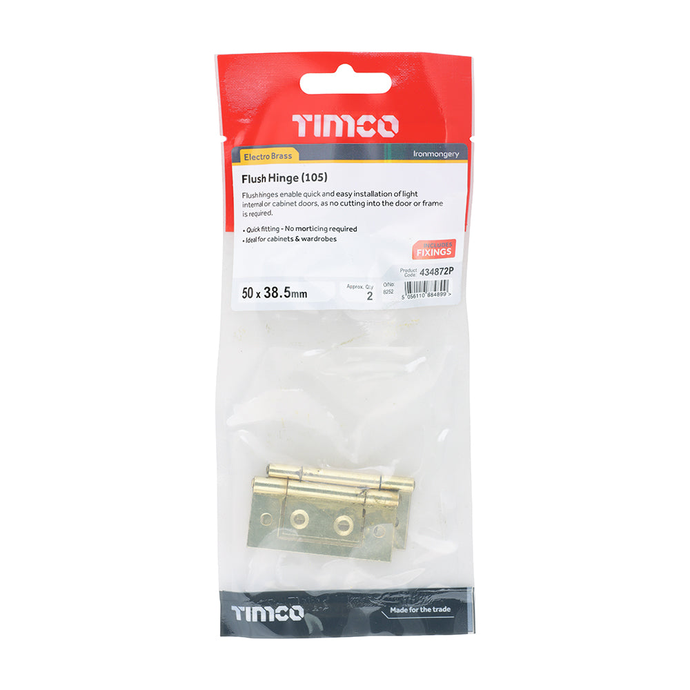 This is an image of Timco - Flush Hinge (105) - Electro Brass 50 x 38.5 (1 Pairs TIMpac) 434872P